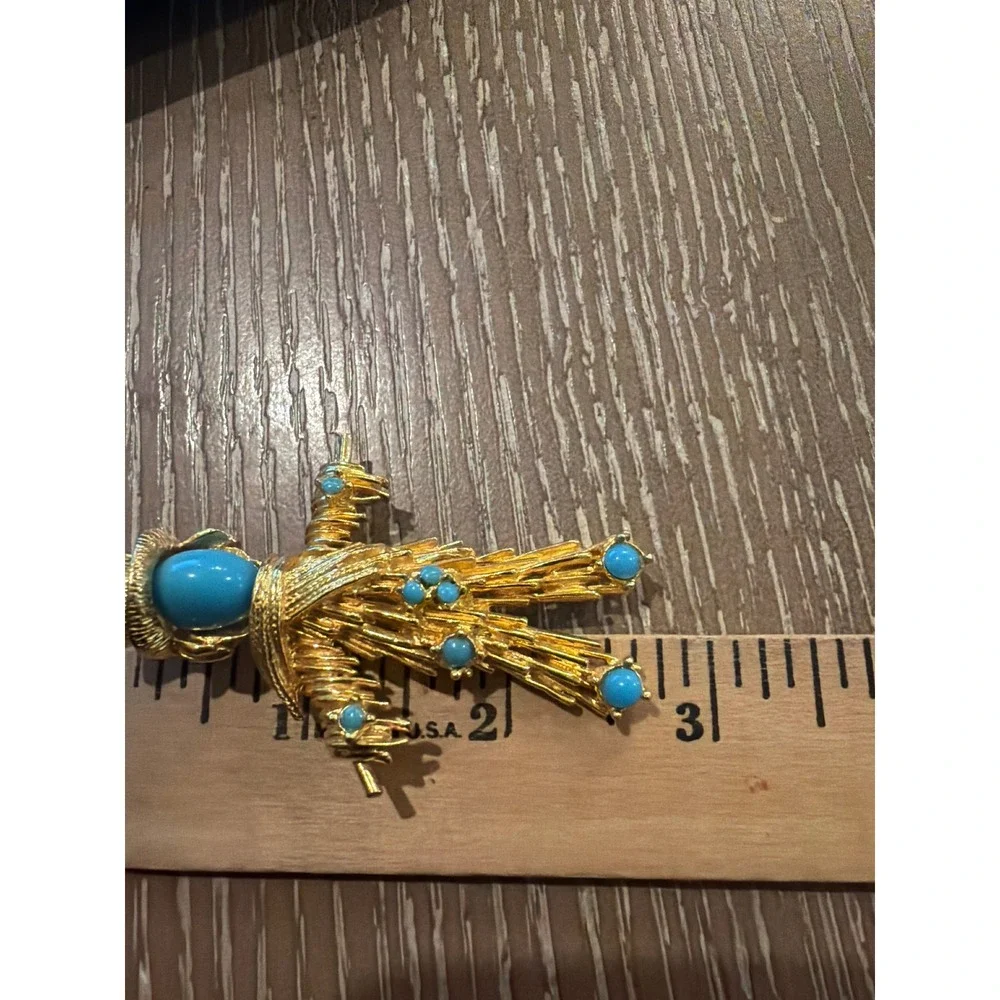 Vintage Gold Tone Scarecrow Brooch Turquoise Cabochon Fall Thanksgiving Pin